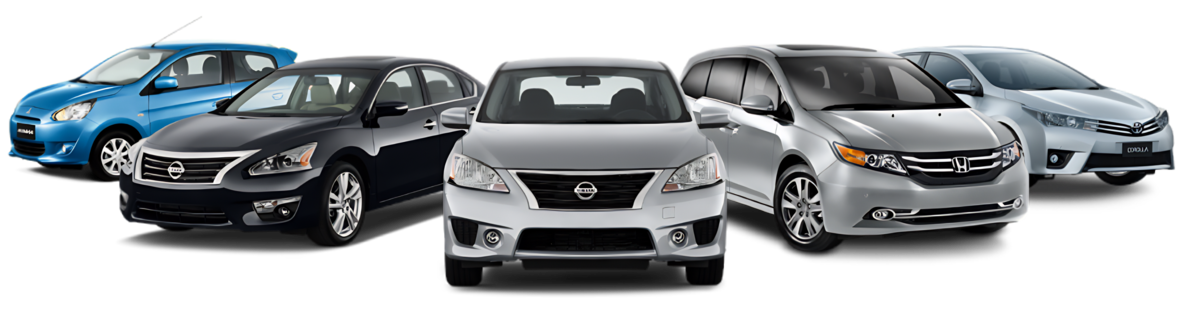 Five used cars lined up side by side — a compact hatchback, two mid-size sedans, a minivan, and a compact sedan — the everyday vehicles a Carlarity deal check covers